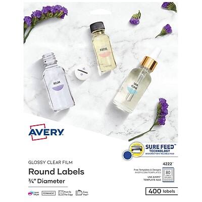 Avery - Easy Peel Laser/Inkjet Round Labels, 3/4" Dia, 400 Labels/Pack - Glossy Clear Avery - Easy Peel Laser/Inkjet Round Labels, 3/4" Dia, 400 Labels/Pack - Glossy Clear