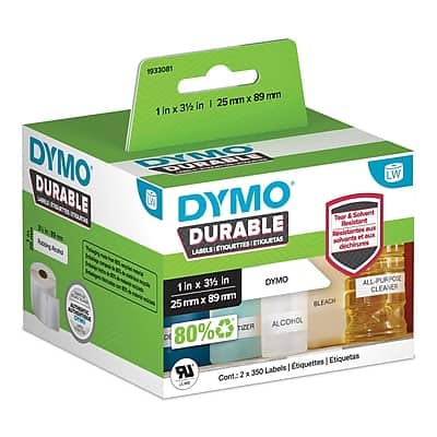Dymo - LabelWriter Durable Industrial Labels, 3-1/2" x 1", 350 Labels/Roll, 2 Rolls/Box - Black on White Dymo - LabelWriter Durable Industrial Labels, 3-1/2" x 1", 350 Labels/Roll, 2 Rolls/Box - Black on White