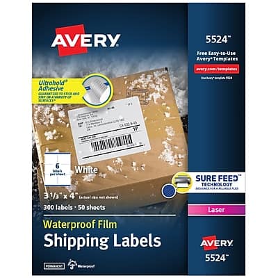 Avery - Waterproof Laser Shipping Labels, 3-1/3" x 4", 300 Labels/Box - Matte White Avery - Waterproof Laser Shipping Labels, 3-1/3" x 4", 300 Labels/Box - Matte White