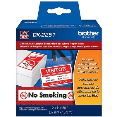 Brother - DK-2251 Continuous Length Replacement Labels, Paper Tape, 2.4” x 50 feet, 1 Roll per Box - Black/Red on White Brother - DK-2251 Continuous Length Replacement Labels, Paper Tape, 2.4” x 50 feet, 1 Roll per Box - Black/Red on White