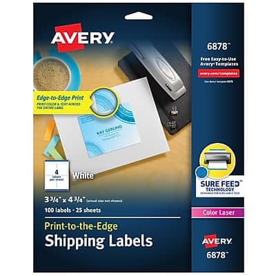 Avery - Print-to-the-Edge Color Laser Shipping Labels, 3-3/4" x 4-3/4", 100 Labels/Pack - White Avery - Print-to-the-Edge Color Laser Shipping Labels, 3-3/4" x 4-3/4", 100 Labels/Pack - White