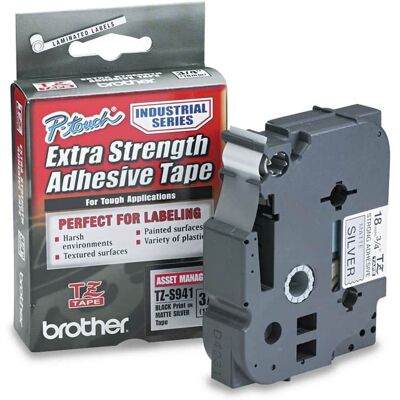 Brother - P-Touch TZES941 0.7 in. x 26.2 ft. TZ Extra-Strength Adhesive Laminated Labeling Tape - Black on - Matte Silver Brother - P-Touch TZES941 0.7 in. x 26.2 ft. TZ Extra-Strength Adhesive Laminated Labeling Tape - Black on - Matte Silver
