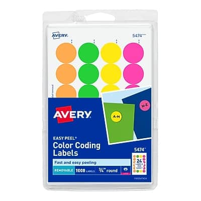 Avery - Easy Peel Laser Color-Coding Labels, 3/4" Dia Neon, 1,008 Labels/Pack - Assorted Avery - Easy Peel Laser Color-Coding Labels, 3/4" Dia Neon, 1,008 Labels/Pack - Assorted