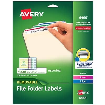 Avery - Sure Feed Laser/Inkjet File Folder Labels, 2/3" x 3-7/16", Assorted, 750 Labels/Pack - Assorted Colors Avery - Sure Feed Laser/Inkjet File Folder Labels, 2/3" x 3-7/16", Assorted, 750 Labels/Pack - Assorted Colors