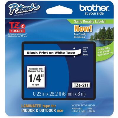 Brother - P-Touch TZE211 0.23 in. x 26.2 ft. TZe Standard Adhesive Laminated Labeling Tape - Black on - White Brother - P-Touch TZE211 0.23 in. x 26.2 ft. TZe Standard Adhesive Laminated Labeling Tape - Black on - White
