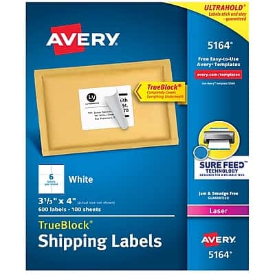 Avery - TrueBlock Laser Shipping Labels, 3-1/3" x 4", 600 Labels/Box - White Avery - TrueBlock Laser Shipping Labels, 3-1/3" x 4", 600 Labels/Box - White