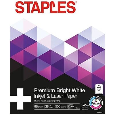 Staples - 8.5" x 11" Laser Paper, 28 lbs., 98 Brightness, 500/Ream - Bright white Staples - 8.5" x 11" Laser Paper, 28 lbs., 98 Brightness, 500/Ream - Bright white