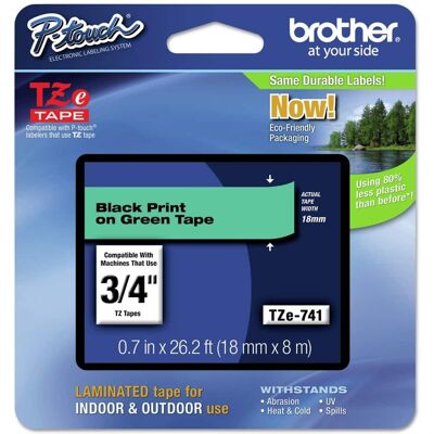 Brother - P-Touch TZE741 0.7 in. x 26.2 ft. TZe Standard Adhesive Laminated Labeling Tape - Black on - Green Brother - P-Touch TZE741 0.7 in. x 26.2 ft. TZe Standard Adhesive Laminated Labeling Tape - Black on - Green