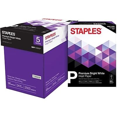 Staples - Premium Inkjet & Laser Paper, 8.5" x 11", 24 lbs., 500 Sheets/Ream, 5 Reams/Carton - Bright White Staples - Premium Inkjet & Laser Paper, 8.5" x 11", 24 lbs., 500 Sheets/Ream, 5 Reams/Carton - Bright White