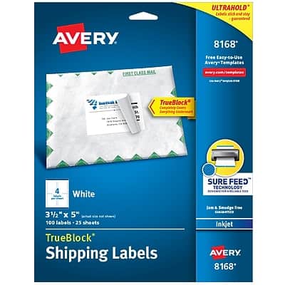Avery - TrueBlock Inkjet Shipping Labels, 3-1/2" x 5", 100 Labels/Pack - White Avery - TrueBlock Inkjet Shipping Labels, 3-1/2" x 5", 100 Labels/Pack - White
