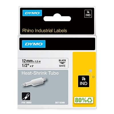Dymo - Rhino Industrial 18055 Heat-Shrink Tube Label Maker Tape, 1/2" x 5', Black on (18055) - White Dymo - Rhino Industrial 18055 Heat-Shrink Tube Label Maker Tape, 1/2" x 5', Black on (18055) - White