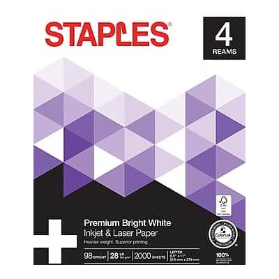 Staples - Laser Paper, 8.5" x 11", 28 lbs., 500 Sheets/Ream, 4 Reams/Carton - Bright White Staples - Laser Paper, 8.5" x 11", 28 lbs., 500 Sheets/Ream, 4 Reams/Carton - Bright White