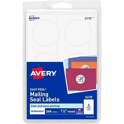 Avery - Laser/Inkjet Mailing Seals, 1-1/2" Dia, 240 Labels/Pack - White Avery - Laser/Inkjet Mailing Seals, 1-1/2" Dia, 240 Labels/Pack - White
