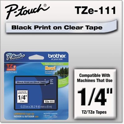Brother - P-Touch TZE111 0.23 in. x 26.2 ft. TZe Standard Adhesive Laminated Labeling Tape - Black on - Clear Brother - P-Touch TZE111 0.23 in. x 26.2 ft. TZe Standard Adhesive Laminated Labeling Tape - Black on - Clear