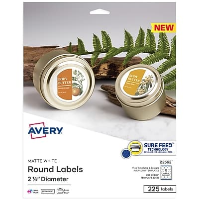 Avery - Print-to-the-Edge Laser/Inkjet Round Labels, 2 1/2" Dia, 225 Labels/Pack - White Avery - Print-to-the-Edge Laser/Inkjet Round Labels, 2 1/2" Dia, 225 Labels/Pack - White