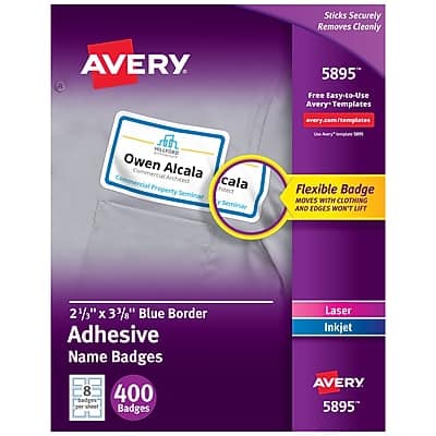 Avery - Flexible Laser/Inkjet Name Badge Labels, 2 1/3" x 3 3/8", 400 Labels Per Pack - White with Blue Border Avery - Flexible Laser/Inkjet Name Badge Labels, 2 1/3" x 3 3/8", 400 Labels Per Pack - White with Blue Border
