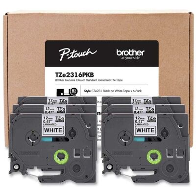 Brother - P-Touch TZE2316PKB 0.5 in. TZe Series Standard Adhesive Laminated Labeling Tape - Black on (6/Pack) - White Brother - P-Touch TZE2316PKB 0.5 in. TZe Series Standard Adhesive Laminated Labeling Tape - Black on (6/Pack) - White