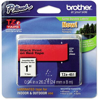 Brother - P-Touch TZE451 0.94 in. x 26.2 ft. TZe Standard Adhesive Laminated Labeling Tape - Black on - Red Brother - P-Touch TZE451 0.94 in. x 26.2 ft. TZe Standard Adhesive Laminated Labeling Tape - Black on - Red