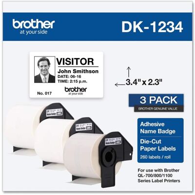 Brother - DK12343PK 2.3 in. x 3.4 in. Die-Cut Name Badge Labels - (3-Rolls/Pack) - White Brother - DK12343PK 2.3 in. x 3.4 in. Die-Cut Name Badge Labels - (3-Rolls/Pack) - White