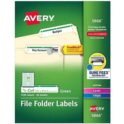 Avery - TrueBlock Laser/Inkjet File Folder Labels, 2/3" x 3-7/16", 1,500 Labels/Pack - White/Green Avery - TrueBlock Laser/Inkjet File Folder Labels, 2/3" x 3-7/16", 1,500 Labels/Pack - White/Green