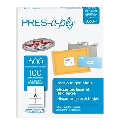Pres-a-ply - Laser/Inkjet Shipping Labels, 3-1/3" x 4", 600 Labels/Box - White Pres-a-ply - Laser/Inkjet Shipping Labels, 3-1/3" x 4", 600 Labels/Box - White