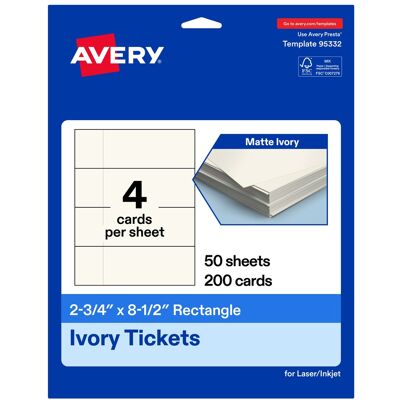 Avery - 2-3/4" x 8-1/2" Rectangle Tickets, 200ct - Matte Ivory Avery - 2-3/4" x 8-1/2" Rectangle Tickets, 200ct - Matte Ivory