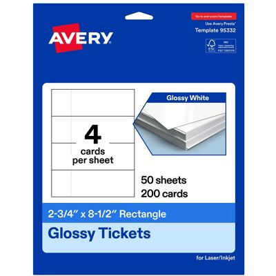 Avery - 2-3/4" x 8-1/2" Rectangle Tickets, 200ct - Glossy White Avery - 2-3/4" x 8-1/2" Rectangle Tickets, 200ct - Glossy White