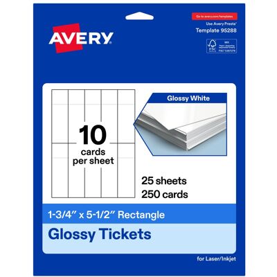 Avery - 1-3/4" x 5-1/2" Rectangle Tickets, Glossy 250ct - White Avery - 1-3/4" x 5-1/2" Rectangle Tickets, Glossy 250ct - White