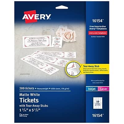 Avery - Tickets with Tear-Away Stubs, 1.75" x 5.5", Laser/Inkjet, 200/Pack - Matte White Avery - Tickets with Tear-Away Stubs, 1.75" x 5.5", Laser/Inkjet, 200/Pack - Matte White