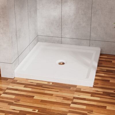 JUJABU - 36"x36" Shower Pan 3.3" Height Double Threshold Shower Base in Slate Anti-slip Acrylic, Center Drain - White JUJABU - 36"x36" Shower Pan 3.3" Height Double Threshold Shower Base in Slate Anti-slip Acrylic, Center Drain - White