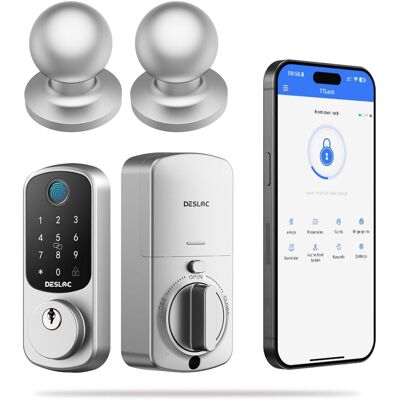 DESLOC - B200 Smart Lock Keyless Entry Fingerprint Deadbolt with Handle/Lever Set, Front Door Replacement, Bluetooth App - Silver - Knob DESLOC - B200 Smart Lock Keyless Entry Fingerprint Deadbolt with Handle/Lever Set, Front Door Replacement, Bluetooth App - Silver - Knob