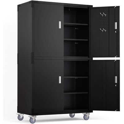 Winado - Garage Large Metal Storage Cabinet with 4 Adjustable Shelves & 2 Pegboards & Casters & 4-Door and Lock for Workshop,Home - Black Winado - Garage Large Metal Storage Cabinet with 4 Adjustable Shelves & 2 Pegboards & Casters & 4-Door and Lock for Workshop,Home - Black