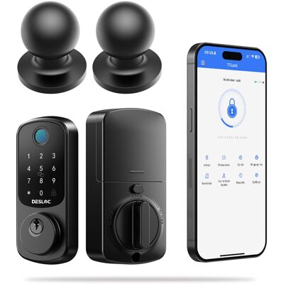 DESLOC - B200 Smart Lock Keyless Entry Fingerprint Deadbolt with Handle/Lever Set, Front Door Replacement, Bluetooth App - Black - Knob DESLOC - B200 Smart Lock Keyless Entry Fingerprint Deadbolt with Handle/Lever Set, Front Door Replacement, Bluetooth App - Black - Knob