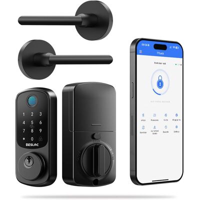 DESLOC - B200 Smart Lock Keyless Entry Fingerprint Deadbolt with Handle/Lever Set, Front Door Replacement, Bluetooth App - Black - Knob Lever DESLOC - B200 Smart Lock Keyless Entry Fingerprint Deadbolt with Handle/Lever Set, Front Door Replacement, Bluetooth App - Black - Knob Lever