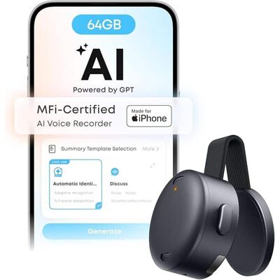 Soundcore - Work AI Voice Recorder by Anker, Wearable Note Taker for Meetings, Transcribe and Summarize, MFi Certified, 64GB - Black Soundcore - Work AI Voice Recorder by Anker, Wearable Note Taker for Meetings, Transcribe and Summarize, MFi Certified, 64GB - Black