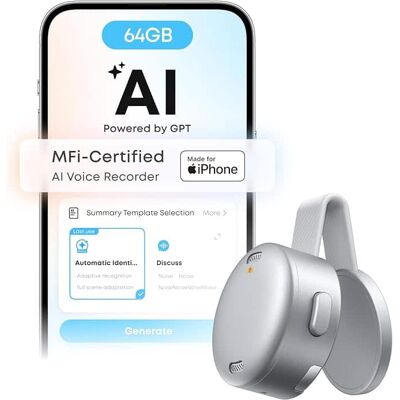 Soundcore - Work AI Voice Recorder by Anker, Wearable Note Taker for Meetings, Transcribe and Summarize, MFi Certified, 64GB - White Soundcore - Work AI Voice Recorder by Anker, Wearable Note Taker for Meetings, Transcribe and Summarize, MFi Certified, 64GB - White
