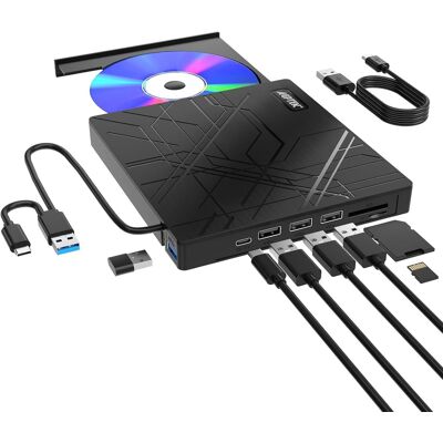 AGPtek - 8 in 1 External CD/DVD Drive for Laptop, Portable CD Burner with 4 USB Ports - Black AGPtek - 8 in 1 External CD/DVD Drive for Laptop, Portable CD Burner with 4 USB Ports - Black