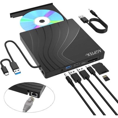 AGPtek - 7 in 1 External CD/DVD Drive for PC, MacBook, Laptop, USB 3.0 Slim DVD Burner with Ethernet Adapter - Black AGPtek - 7 in 1 External CD/DVD Drive for PC, MacBook, Laptop, USB 3.0 Slim DVD Burner with Ethernet Adapter - Black