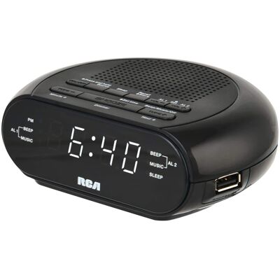 RCA - Digital Radio Alarm Clock RCS27, Soothing Sounds, Brightness Control, USB Charging Port, Battery Backup - Black RCA - Digital Radio Alarm Clock RCS27, Soothing Sounds, Brightness Control, USB Charging Port, Battery Backup - Black