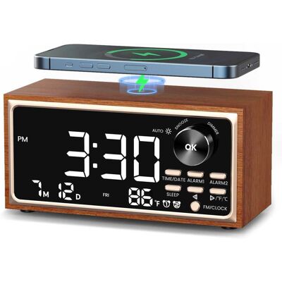 Dazzed Corner - Alarm Clock Radio, Dual Alarms,LED Display Wireless Charging - Brown Dazzed Corner - Alarm Clock Radio, Dual Alarms,LED Display Wireless Charging - Brown