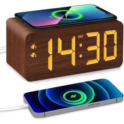 Dazzed Corner - Wood Digital Alarm Clock with Fast Wireless Charger, USB Charging Ports - Brown Dazzed Corner - Wood Digital Alarm Clock with Fast Wireless Charger, USB Charging Ports - Brown