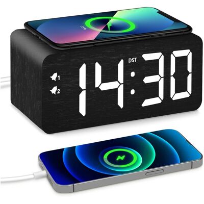 Dazzed Corner - Wood Digital Alarm Clock with Fast Wireless Charger, USB Charging Ports - Black Dazzed Corner - Wood Digital Alarm Clock with Fast Wireless Charger, USB Charging Ports - Black