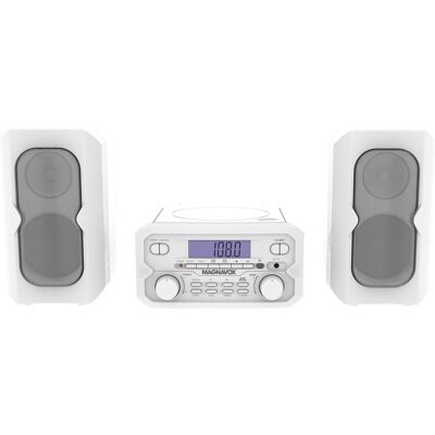 Magnavox - 4W Compact Bluetooth Shelf Stereo System, External Speakers, CD Player, AM/FM Radio, Alarm Clock, Aux, Remote - White Magnavox - 4W Compact Bluetooth Shelf Stereo System, External Speakers, CD Player, AM/FM Radio, Alarm Clock, Aux, Remote - White