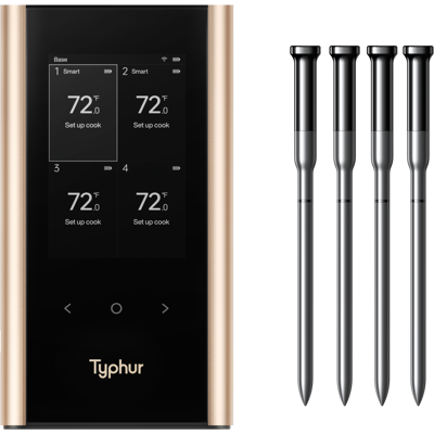 Typhur - Sync Gold Quad Smart Wireless Meat Thermometer, 3000 FT Sub-1G Enhanced Signal, WiFi Unlimited Range, 6 Sensor Probe - Black/Gold Typhur - Sync Gold Quad Smart Wireless Meat Thermometer, 3000 FT Sub-1G Enhanced Signal, WiFi Unlimited Range, 6 Sensor Probe - Black/Gold