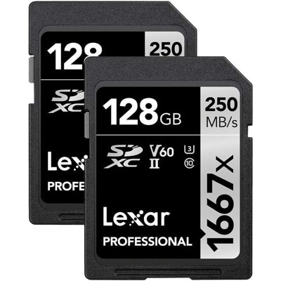 Lexar - 128GB (2-Pack) Professional 1667x SD Card, UHS-II, U3, Full HD, 4K, Up To 250MB/s Read SDXC Memory Card LSD128CBNA16672 Lexar - 128GB (2-Pack) Professional 1667x SD Card, UHS-II, U3, Full HD, 4K, Up To 250MB/s Read SDXC Memory Card LSD128CBNA16672