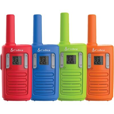 Cobra - RX100 16-Mile Range Family Walkie Talkies (4-Pack) Kid-Friendly Communication, 22 Channels, NOAA Weather Alerts - Blue/Red/Green/Orange Cobra - RX100 16-Mile Range Family Walkie Talkies (4-Pack) Kid-Friendly Communication, 22 Channels, NOAA Weather Alerts - Blue/Red/Green/Orange