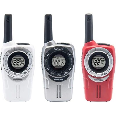 Cobra - ACXT360 Water Resistant Walkie Talkies – Rechargeable, 22 Channels, Long Range 25-Mile Range Two-Way Radios 3-Pack - White/Red/Silver Cobra - ACXT360 Water Resistant Walkie Talkies – Rechargeable, 22 Channels, Long Range 25-Mile Range Two-Way Radios 3-Pack - White/Red/Silver