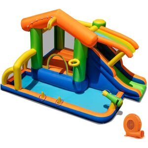 Costway - 8-in-1 Multifunctional Water Park with Slide With Climbing Wall Water Cannon with 520W Blower - Multicolor Costway - 8-in-1 Multifunctional Water Park with Slide With Climbing Wall Water Cannon with 520W Blower - Multicolor