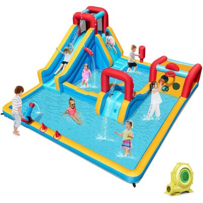 Costway - Inflatable Water Park with Climbing Wall Boxing Post Basketball Rim 735W Blower - Multicolor Costway - Inflatable Water Park with Climbing Wall Boxing Post Basketball Rim 735W Blower - Multicolor