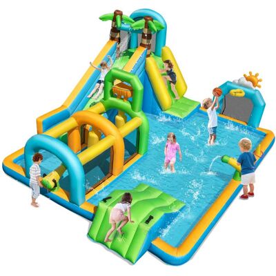Costway - Inflatable Water Park with Climbing Wall Basketball Rim Target Game Without Blower - Multicolor Costway - Inflatable Water Park with Climbing Wall Basketball Rim Target Game Without Blower - Multicolor
